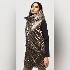 Joseph Ribkoff Quilted Hooded Puffer Vest- Metallic Long - Bronze. Size M